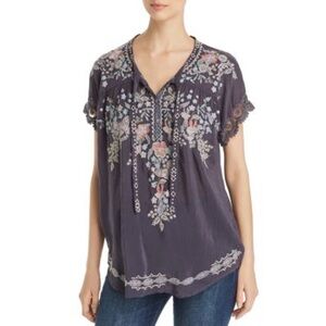 Johnny Was Avril‎ Embroidered Blouse  Blue Rayon Boho Relaxed Crochet Trim